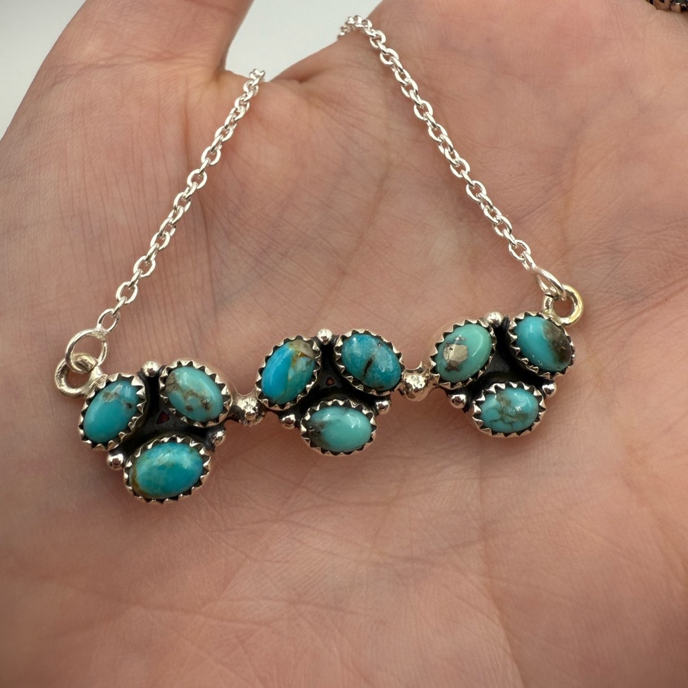 Turquoise Tri Cluster Sterling Silver 925 Bar Necklace